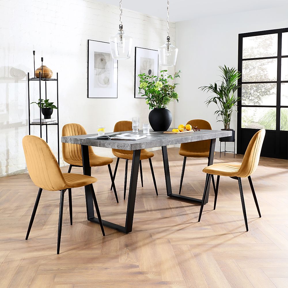Addison Industrial Dining Table & 4 Brooklyn Chairs, Grey Concrete Effect & Black Steel, Mustard Classic Velvet, 150cm