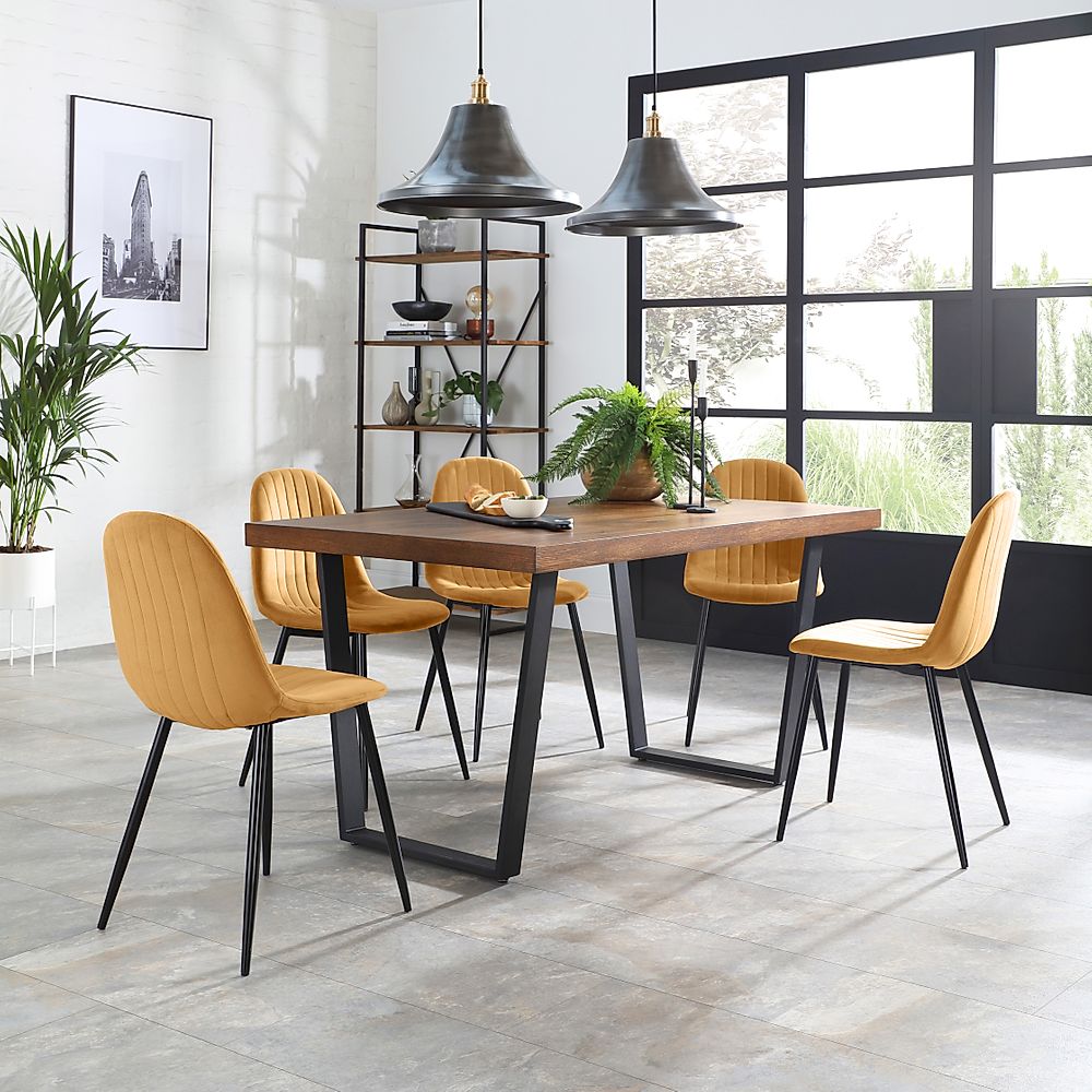 Addison Industrial Dining Table & 8 Brooklyn Chairs, Dark Oak Veneer & Black Steel, Mustard Classic Velvet, 200cm