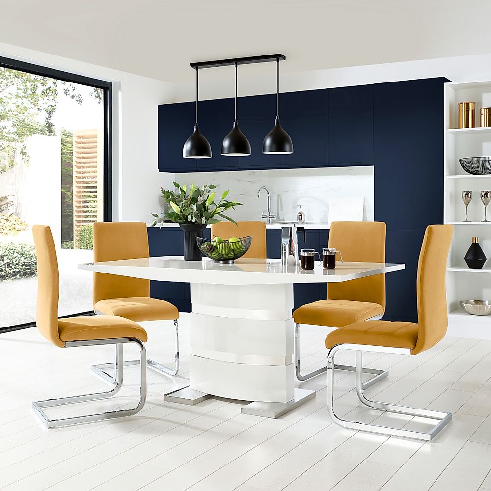 Komoro Dining Table & 4 Perth Chairs, White High Gloss & Chrome, Mustard Classic Velvet, 160cm