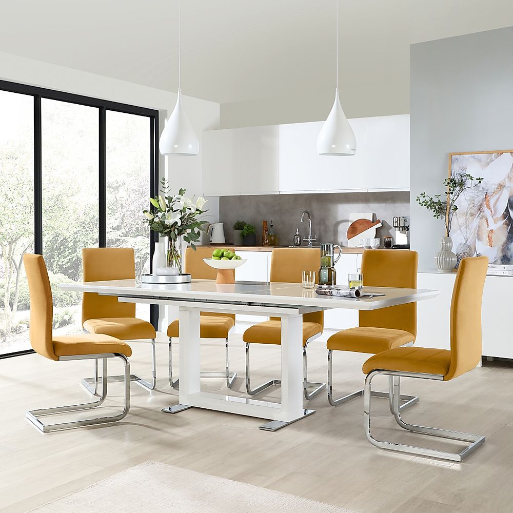 Tokyo Extending Dining Table & 4 Perth Chairs, White High Gloss, Mustard Classic Velvet & Chrome, 160-220cm