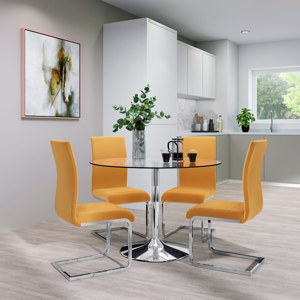 Orbit Round Dining Table & 4 Perth Chairs, Glass & Chrome, Mustard Classic Velvet, 110cm