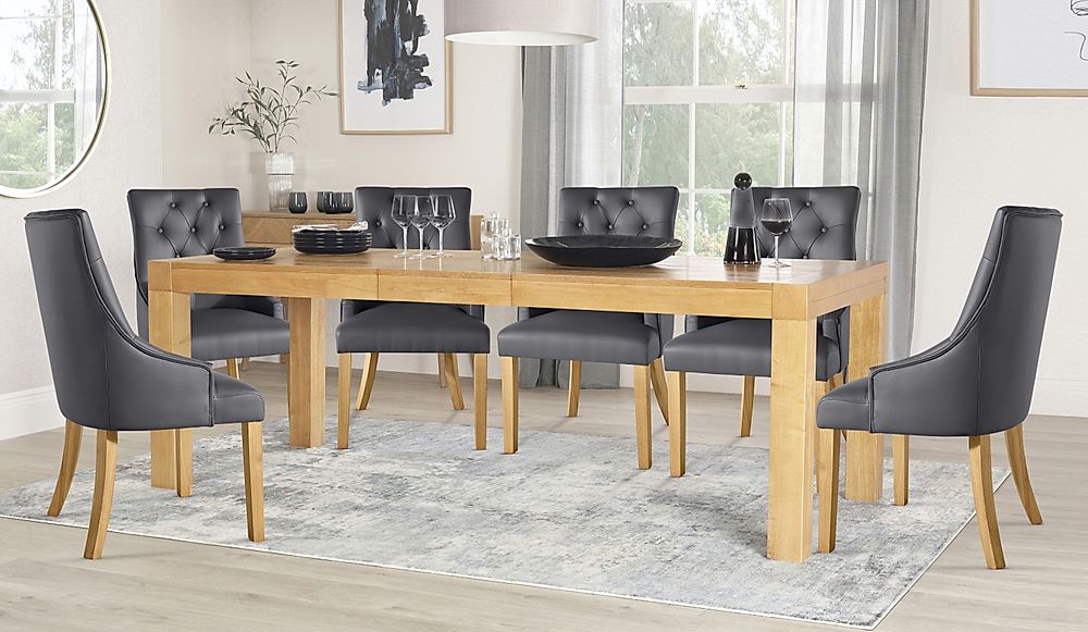Cambridge Extending Dining Table & 8 Duke Chairs, Natural Oak Veneer & Solid Hardwood, Grey Classic Faux Leather & Natural Oak Finished Solid Hardwood, 175-220cm