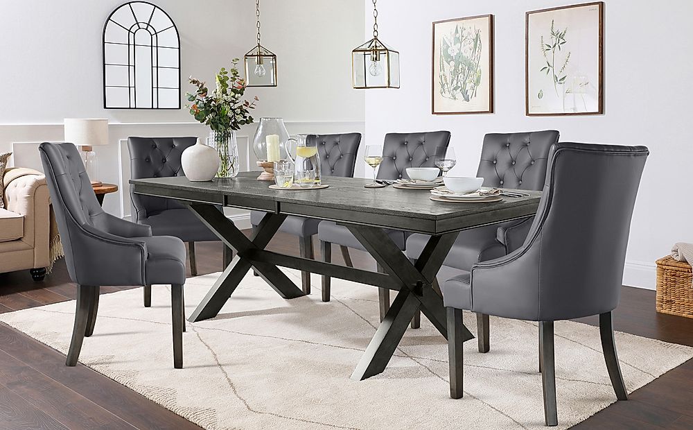 Grange Extending Dining Table & 8 Duke Chairs, Grey Oak Veneer & Solid Hardwood, Grey Classic Faux Leather & Grey Solid Hardwood, 180-220cm