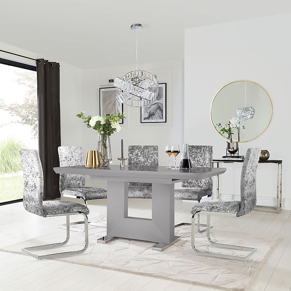 Florence Extending Dining Table & 4 Perth Chairs, Grey High Gloss, Silver Crushed Velvet & Chrome, 120-160cm