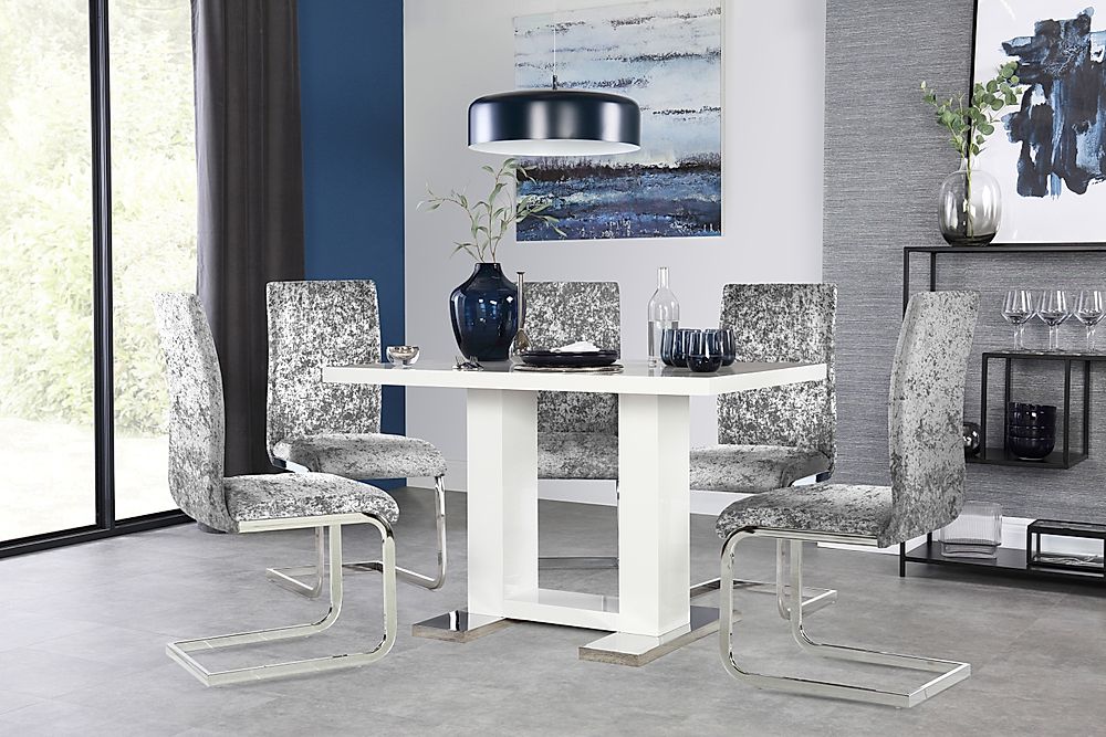Joule Dining Table & 4 Perth Chairs, White High Gloss, Silver Crushed Velvet & Chrome, 120cm