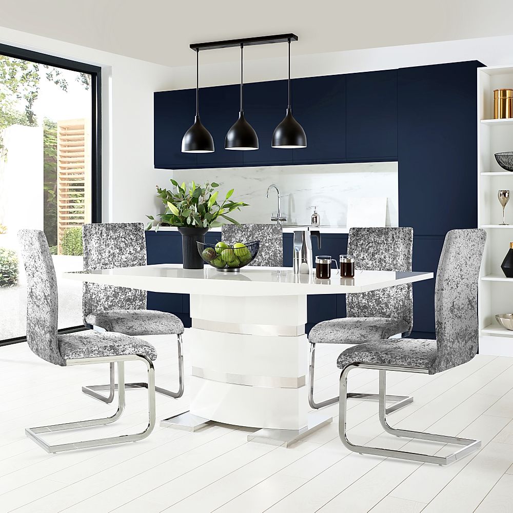 Komoro Dining Table & 6 Perth Chairs, White High Gloss & Chrome, Silver Crushed Velvet, 160cm