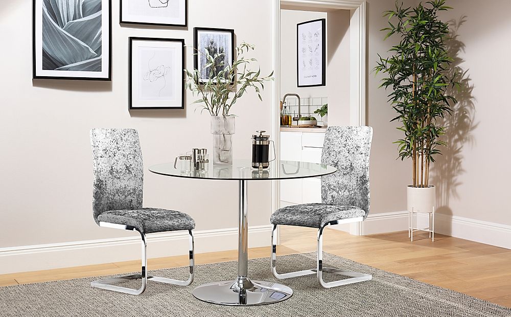 Orbit Round Dining Table & 2 Perth Chairs, Glass & Chrome, Silver Crushed Velvet, 110cm