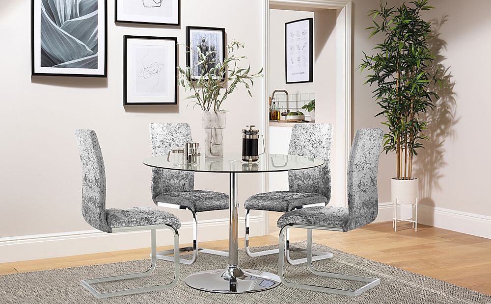Orbit Round Dining Table & 4 Perth Chairs, Glass & Chrome, Silver Crushed Velvet, 110cm