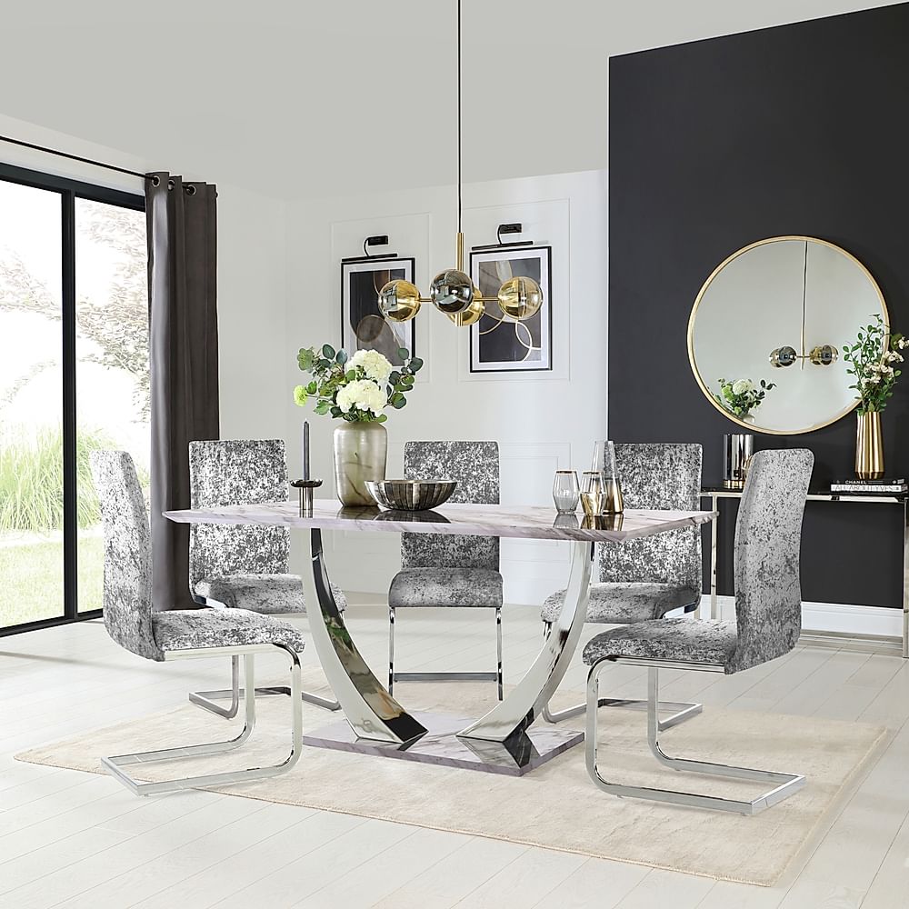 Peake Dining Table & 6 Perth Chairs, Grey Marble Effect & Chrome, Silver Crushed Velvet, 160cm
