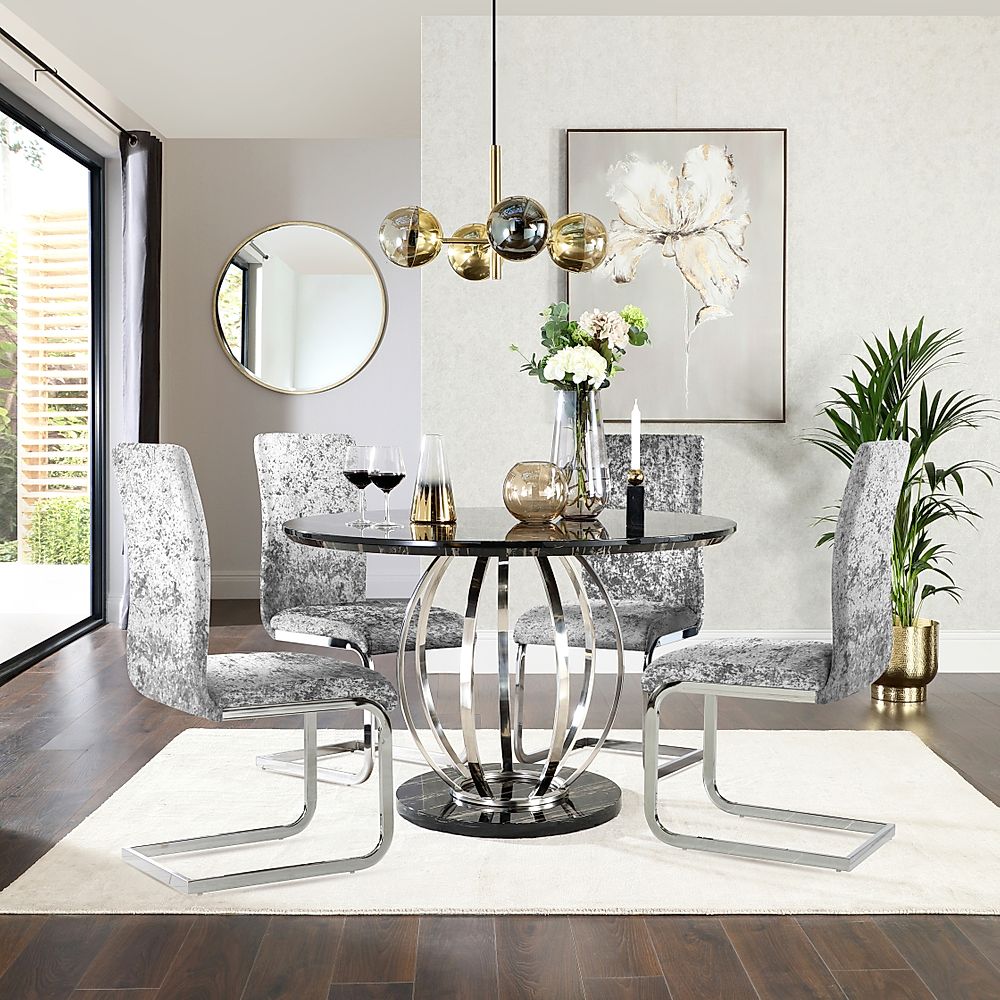 Savoy Round Dining Table & 4 Perth Chairs, Black Marble Effect & Chrome, Silver Crushed Velvet, 120cm