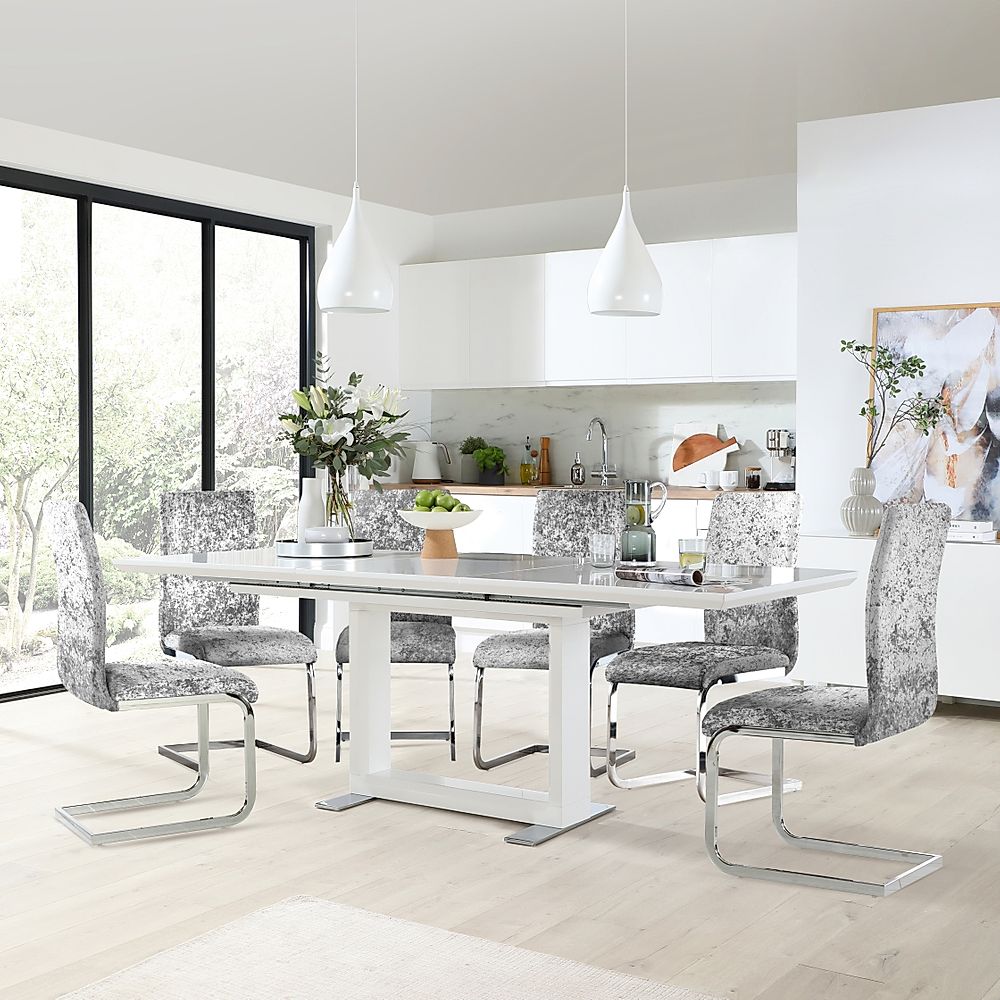 Tokyo Extending Dining Table & 4 Perth Chairs, White High Gloss, Silver Crushed Velvet & Chrome, 160-220cm