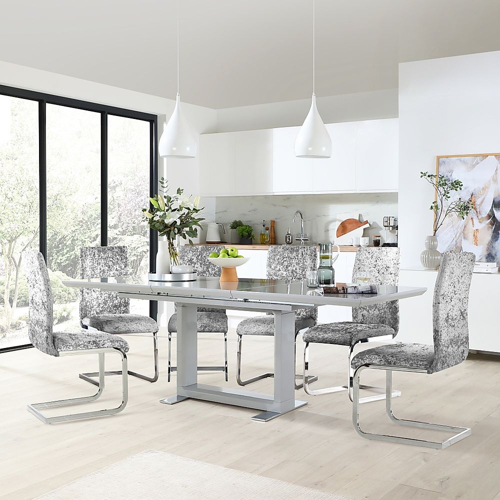 Tokyo Extending Dining Table & 4 Perth Chairs, Grey High Gloss, Silver Crushed Velvet & Chrome, 160-220cm
