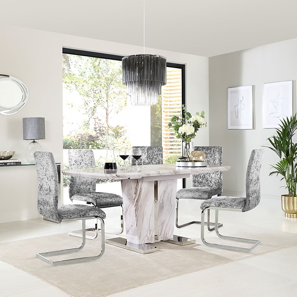 Vienna Extending Dining Table & 4 Perth Chairs, Grey Marble Effect, Silver Crushed Velvet & Chrome, 120-160cm