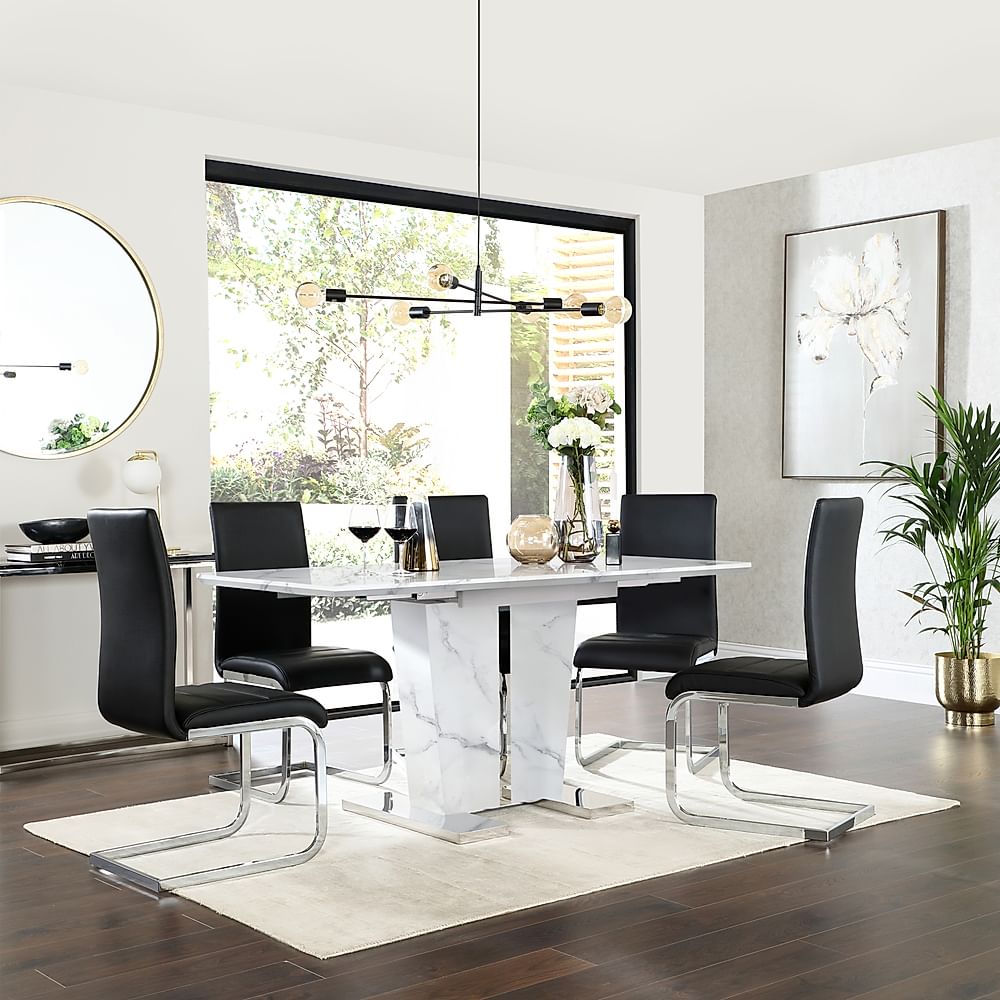 Vienna Extending Dining Table & 4 Perth Chairs, White Marble Effect, Black Classic Faux Leather & Chrome, 120-160cm