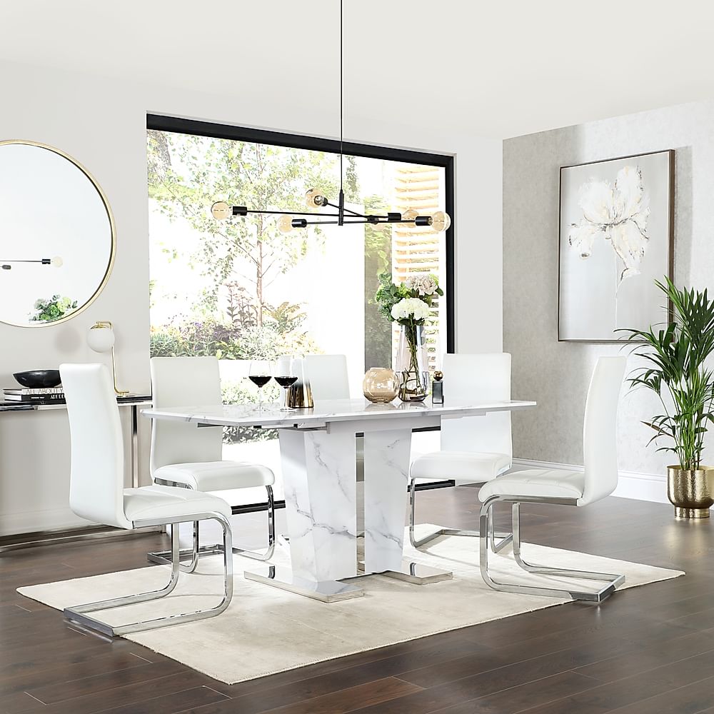 Vienna Extending Dining Table & 4 Perth Chairs, White Marble Effect, White Classic Faux Leather & Chrome, 120-160cm