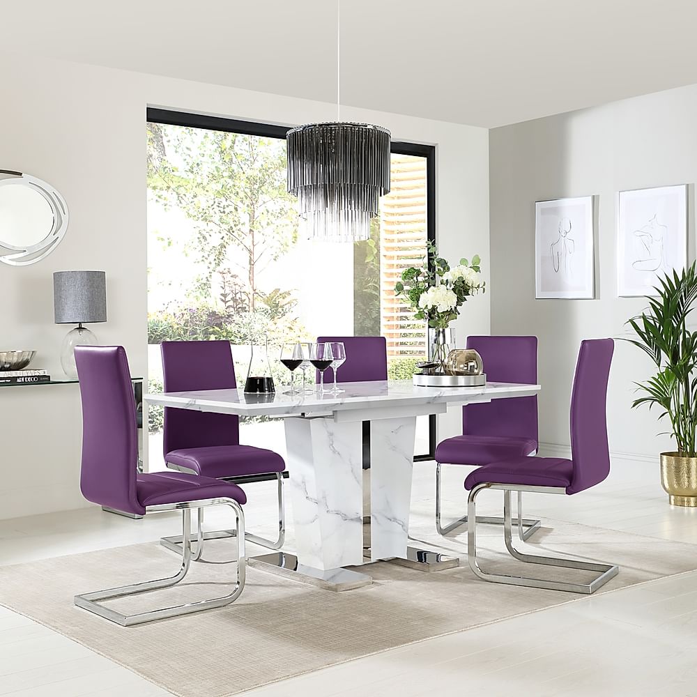 Vienna Extending Dining Table & 4 Perth Chairs, White Marble Effect, Purple Classic Faux Leather & Chrome, 120-160cm