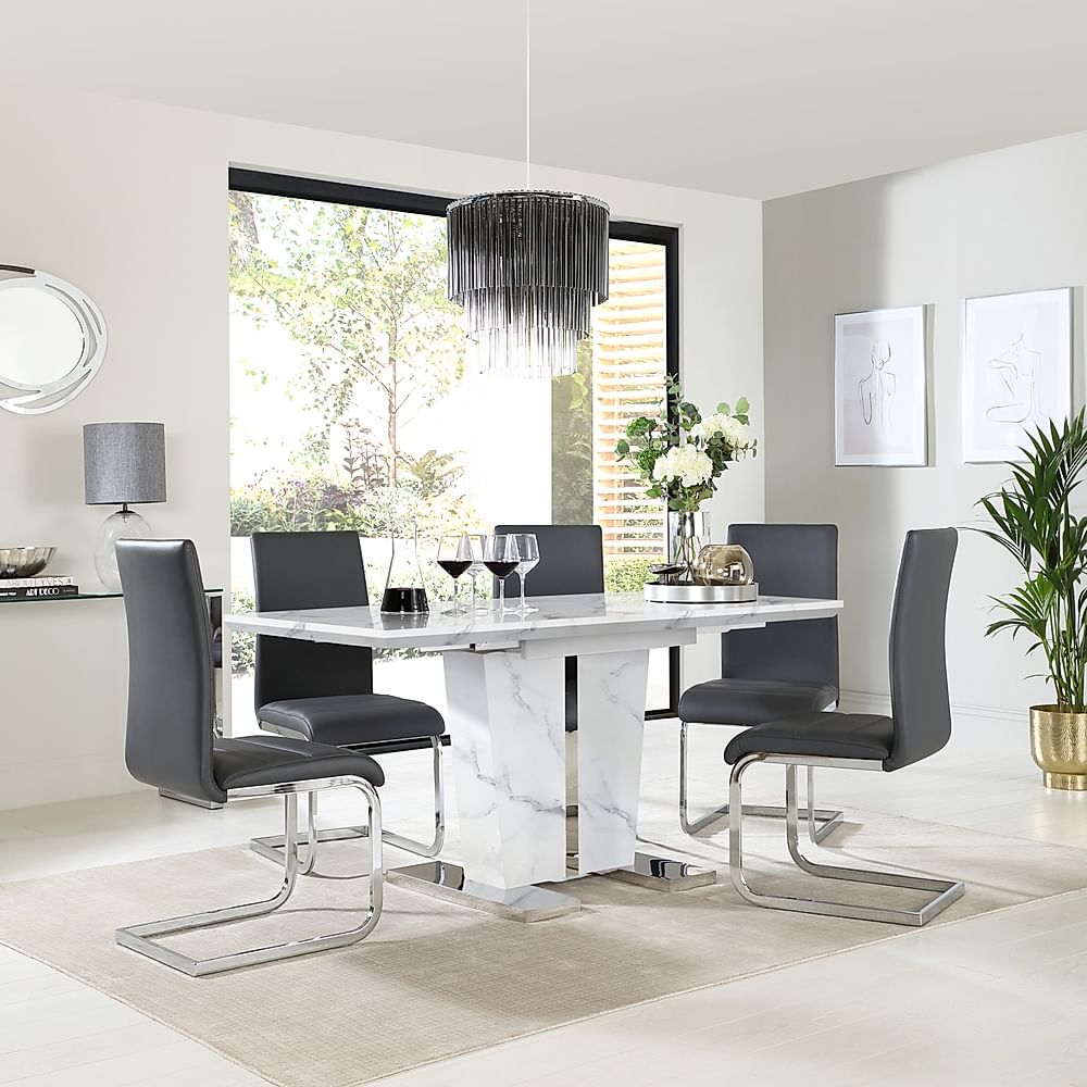 Vienna Extending Dining Table & 4 Perth Chairs, White Marble Effect, Grey Classic Faux Leather & Chrome, 120-160cm