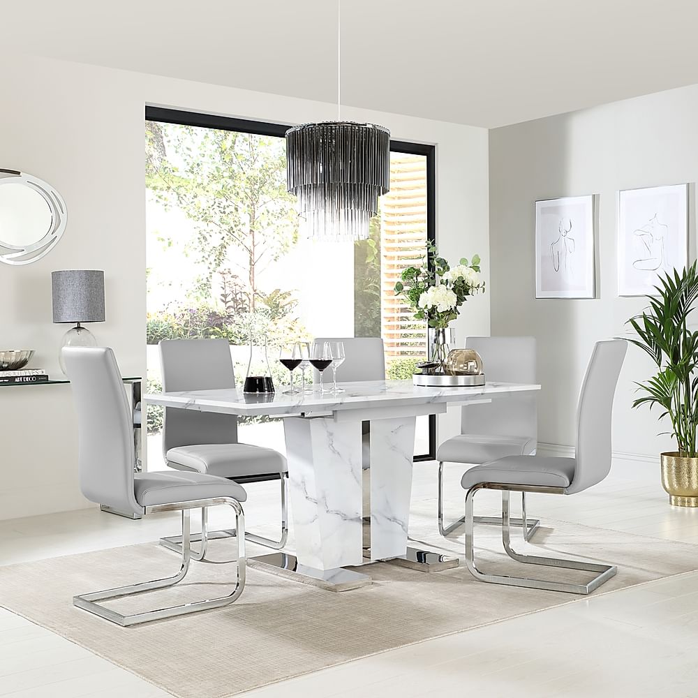 Vienna Extending Dining Table & 4 Perth Chairs, White Marble Effect, Light Grey Classic Faux Leather & Chrome, 120-160cm