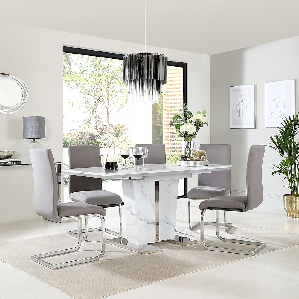 Vienna Extending Dining Table & 4 Perth Chairs, White Marble Effect, Grey Classic Velvet & Chrome, 120-160cm