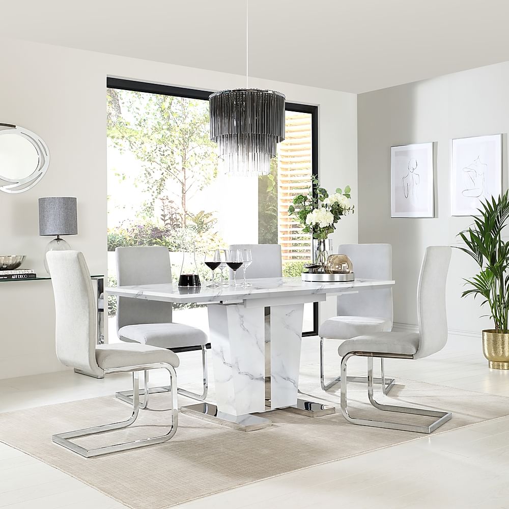 Vienna Extending Dining Table & 4 Perth Chairs, White Marble Effect, Dove Grey Classic Plush Fabric & Chrome, 120-160cm