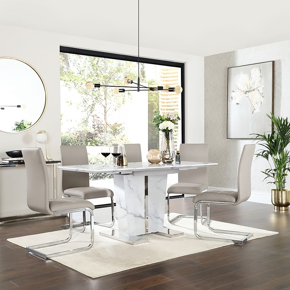 Vienna Extending Dining Table & 4 Perth Chairs, White Marble Effect, Stone Grey Classic Faux Leather & Chrome, 120-160cm