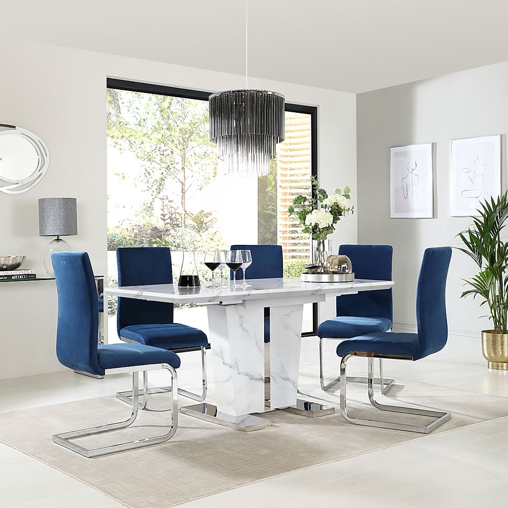Vienna Extending Dining Table & 4 Perth Chairs, White Marble Effect, Blue Classic Velvet & Chrome, 120-160cm