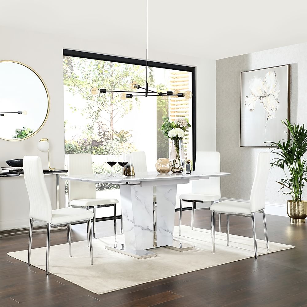 Vienna Extending Dining Table & 6 Leon Chairs, White Marble Effect, White Classic Faux Leather & Chrome, 120-160cm