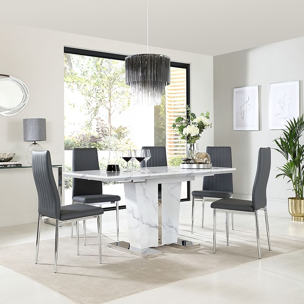 Vienna Extending Dining Table & 6 Leon Chairs, White Marble Effect, Grey Classic Faux Leather & Chrome, 120-160cm