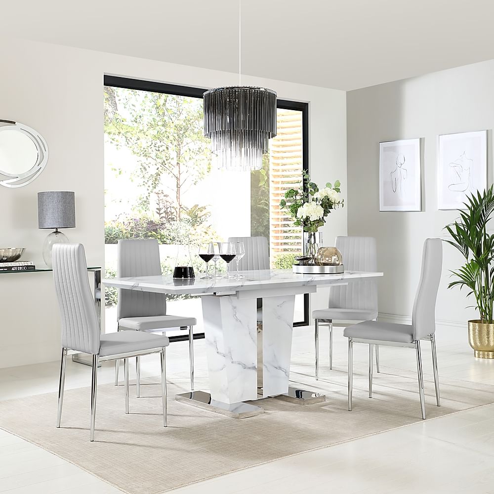 Vienna Extending Dining Table & 4 Leon Chairs, White Marble Effect, Light Grey Classic Faux Leather & Chrome, 120-160cm