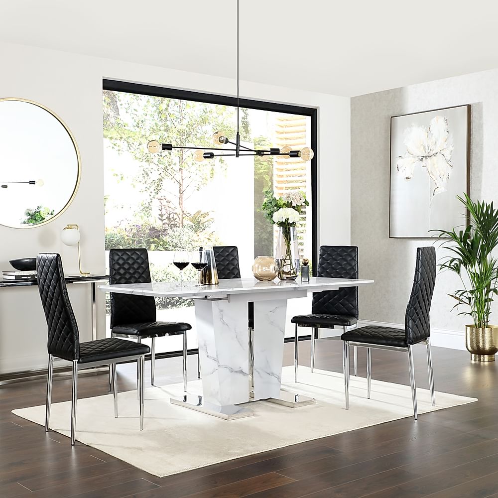 Vienna Extending Dining Table & 6 Renzo Chairs, White Marble Effect, Black Classic Faux Leather & Chrome, 120-160cm
