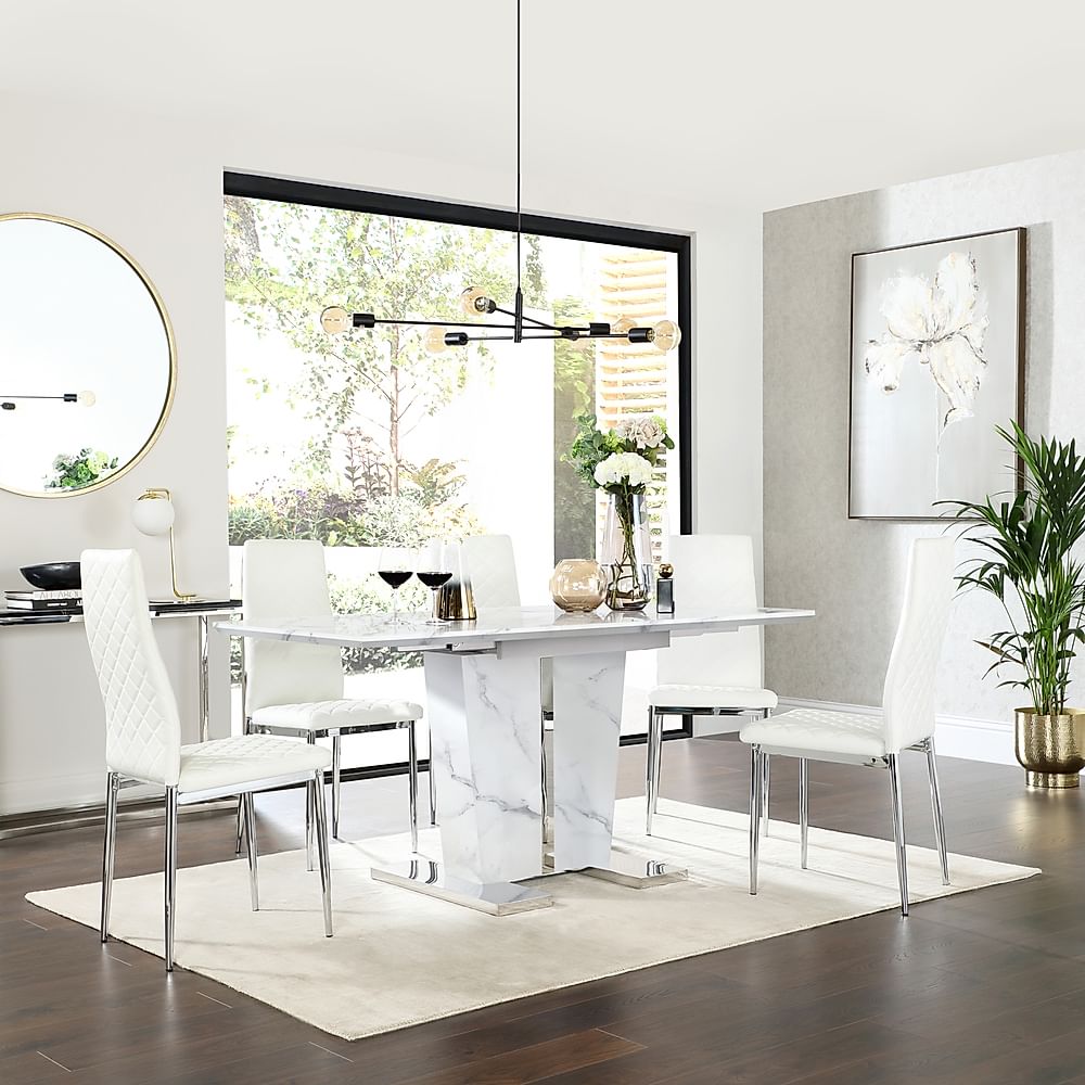 Vienna Extending Dining Table & 4 Renzo Chairs, White Marble Effect, White Classic Faux Leather & Chrome, 120-160cm