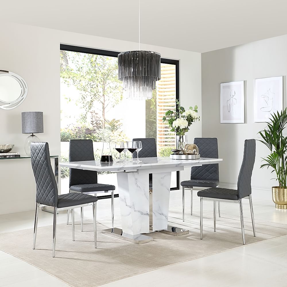 Vienna Extending Dining Table & 4 Renzo Chairs, White Marble Effect, Grey Classic Faux Leather & Chrome, 120-160cm