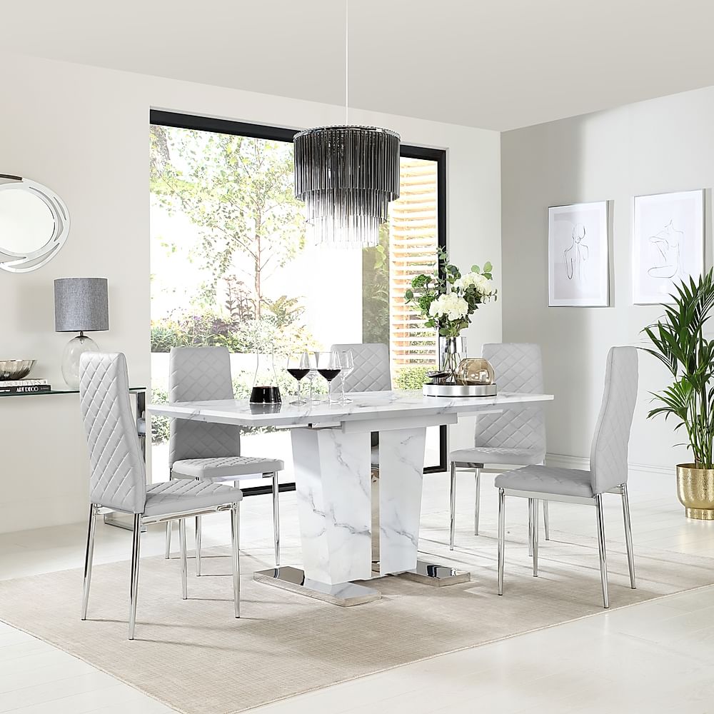 Vienna Extending Dining Table & 4 Renzo Chairs, White Marble Effect, Light Grey Classic Faux Leather & Chrome, 120-160cm