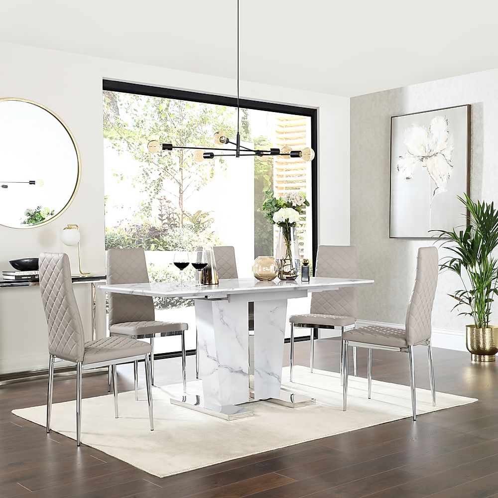 Vienna Extending Dining Table & 6 Renzo Chairs, White Marble Effect, Stone Grey Classic Faux Leather & Chrome, 120-160cm