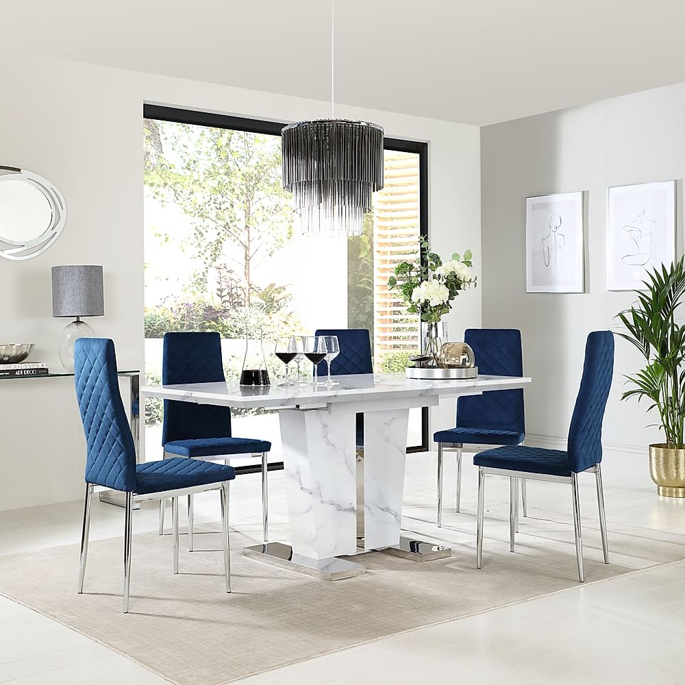 Vienna Extending Dining Table & 4 Renzo Chairs, White Marble Effect, Blue Classic Velvet & Chrome, 120-160cm
