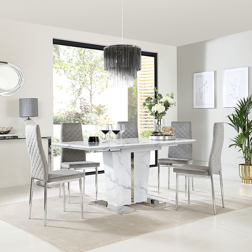 Vienna Extending Dining Table & 6 Renzo Chairs, White Marble Effect, Grey Classic Velvet & Chrome, 120-160cm