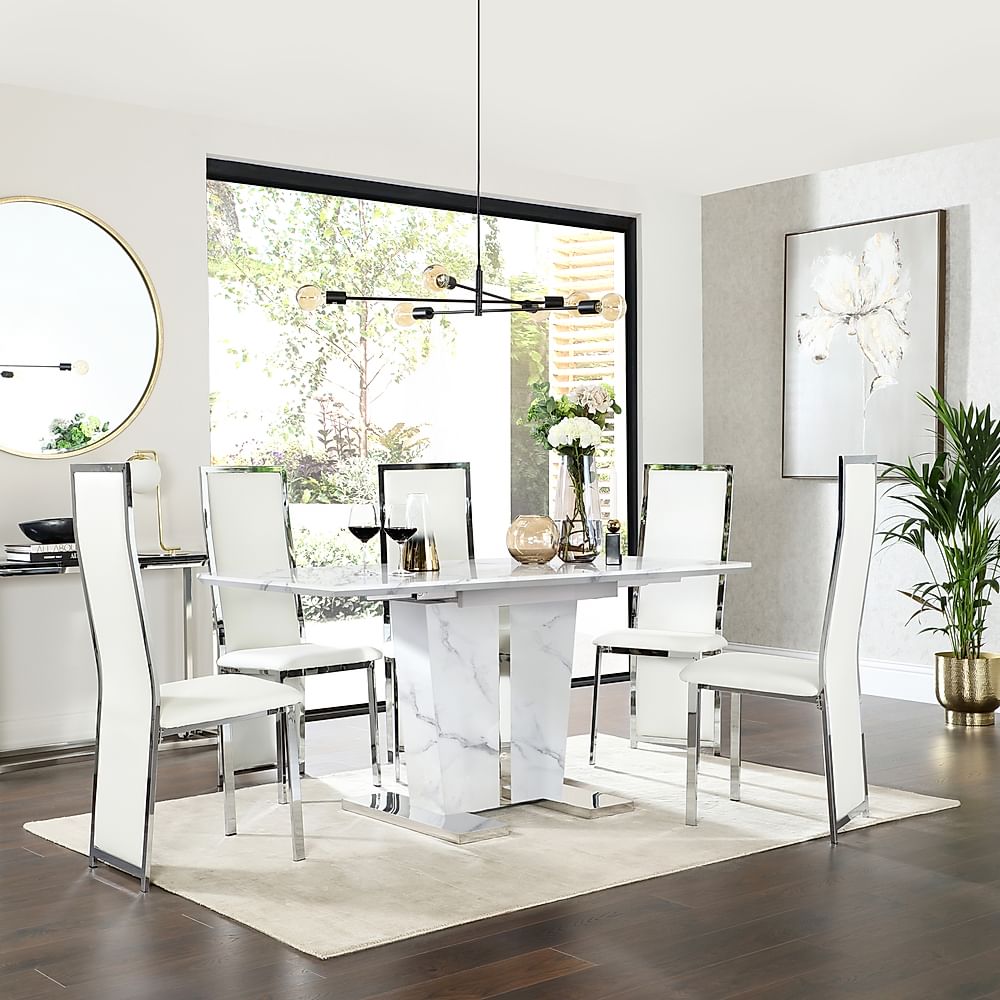 Vienna Extending Dining Table & 6 Celeste Chairs, White Marble Effect, White Classic Faux Leather & Chrome, 120-160cm