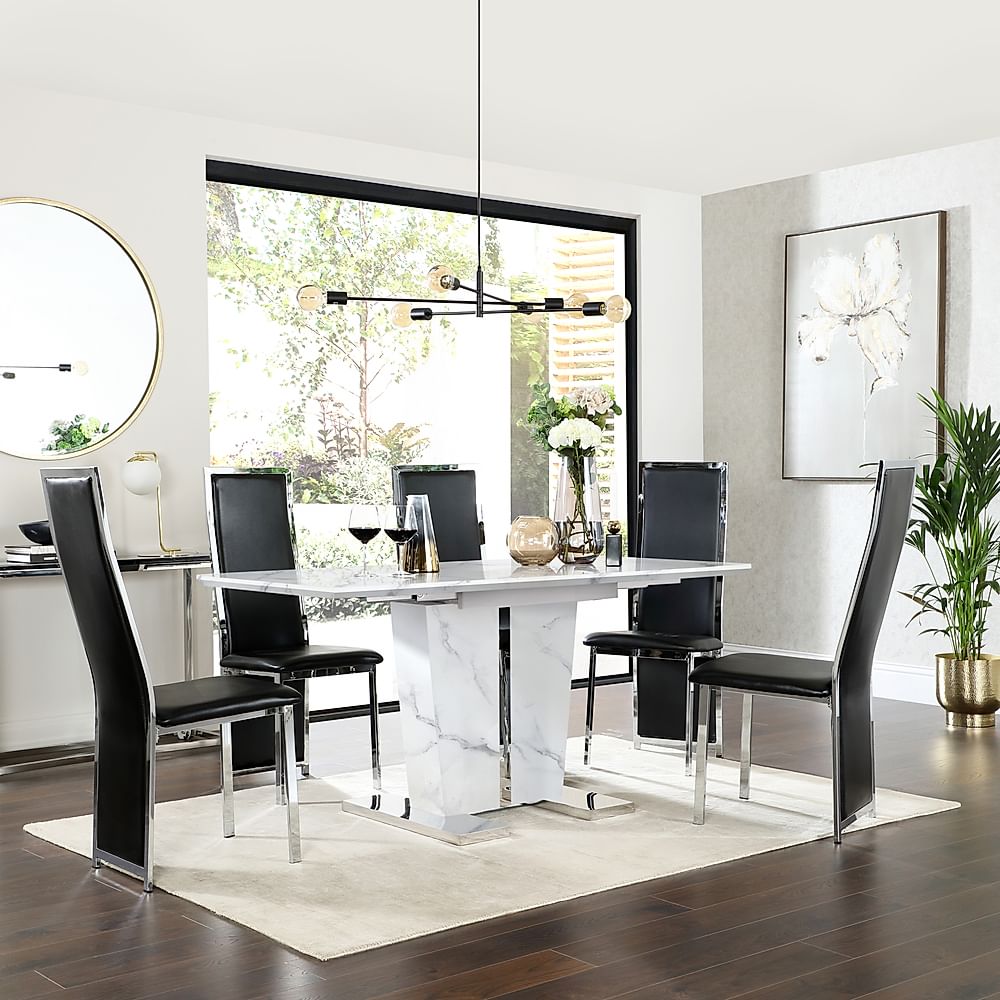 Vienna Extending Dining Table & 4 Celeste Chairs, White Marble Effect, Black Classic Faux Leather & Chrome, 120-160cm
