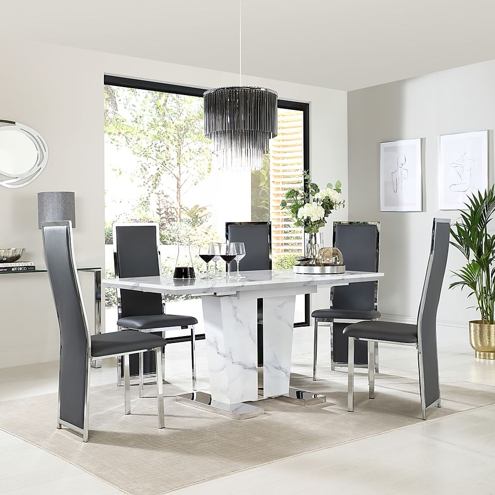 Vienna Extending Dining Table & 4 Celeste Chairs, White Marble Effect, Grey Classic Faux Leather & Chrome, 120-160cm