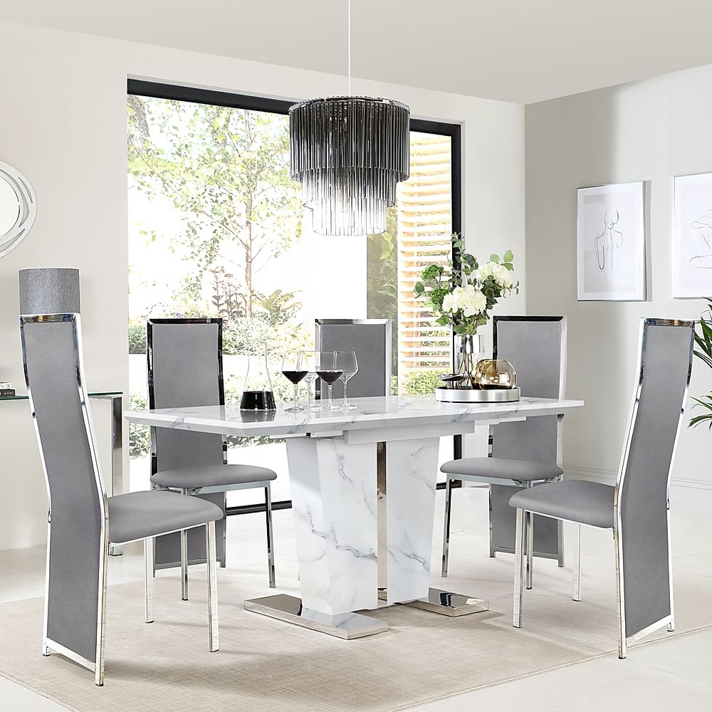Vienna Extending Dining Table & 4 Celeste Chairs, White Marble Effect, Grey Classic Velvet & Chrome, 120-160cm