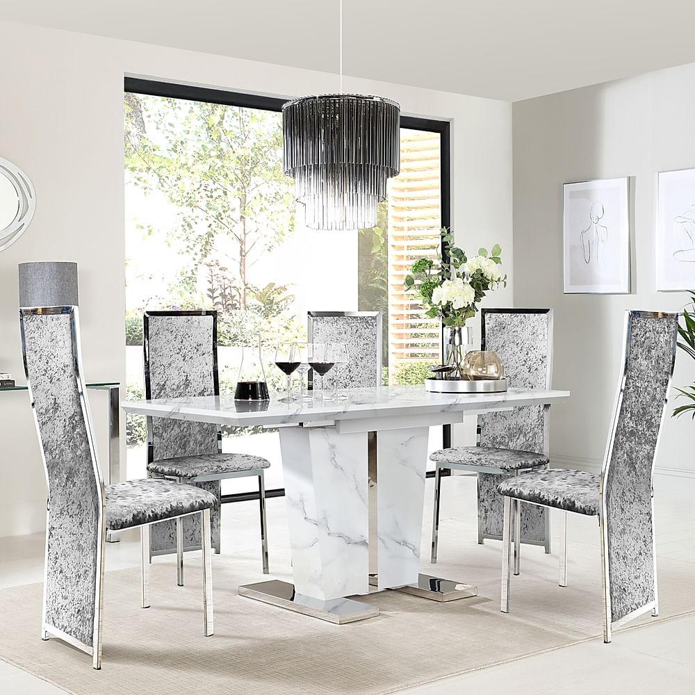 Vienna Extending Dining Table & 4 Celeste Chairs, White Marble Effect, Silver Crushed Velvet & Chrome, 120-160cm