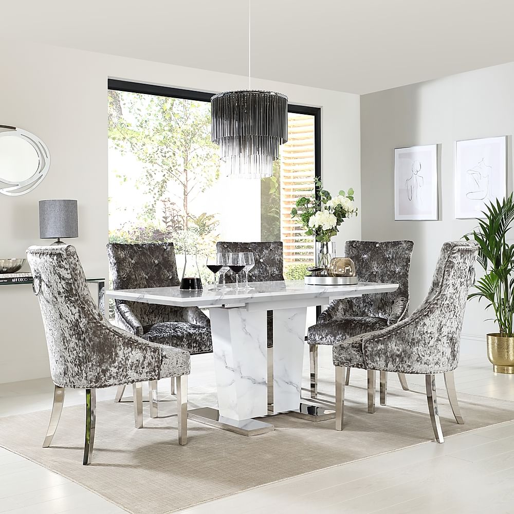 Vienna Extending Dining Table & 4 Imperial Chairs, White Marble Effect, Silver Crushed Velvet & Chrome, 120-160cm