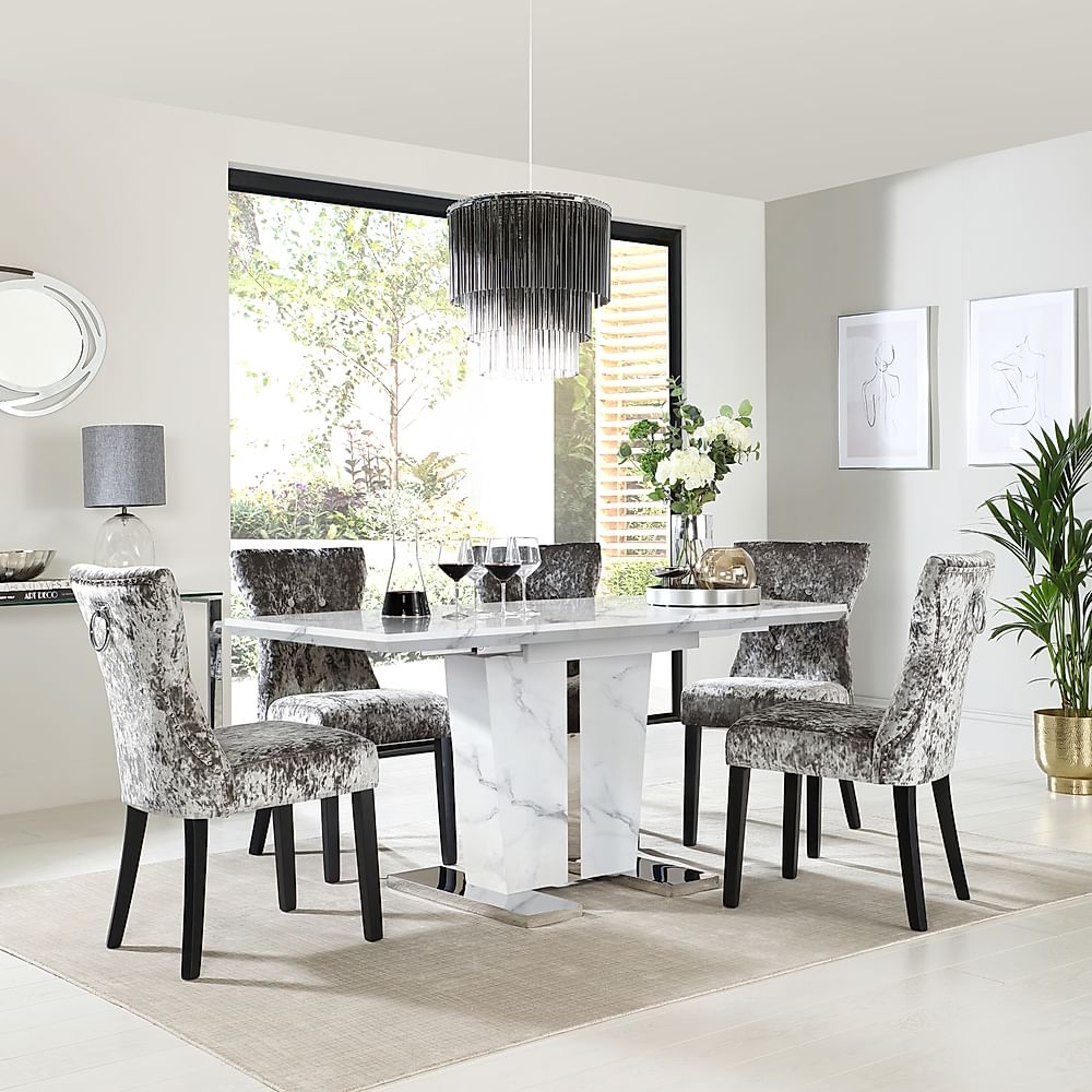 Vienna Extending Dining Table & 4 Kensington Chairs, White Marble Effect, Silver Crushed Velvet & Black Solid Hardwood, 120-160cm