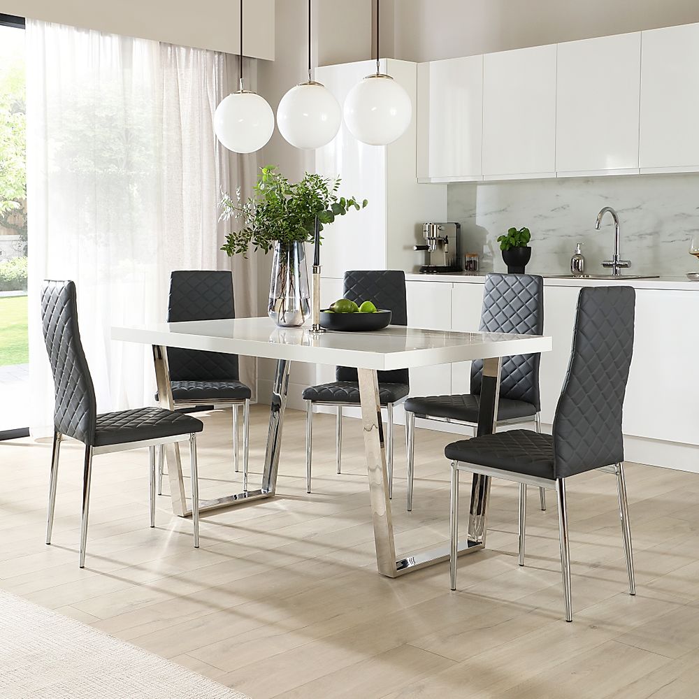 Milento Dining Table & 6 Renzo Chairs, White High Gloss & Chrome, Grey Classic Faux Leather, 150cm