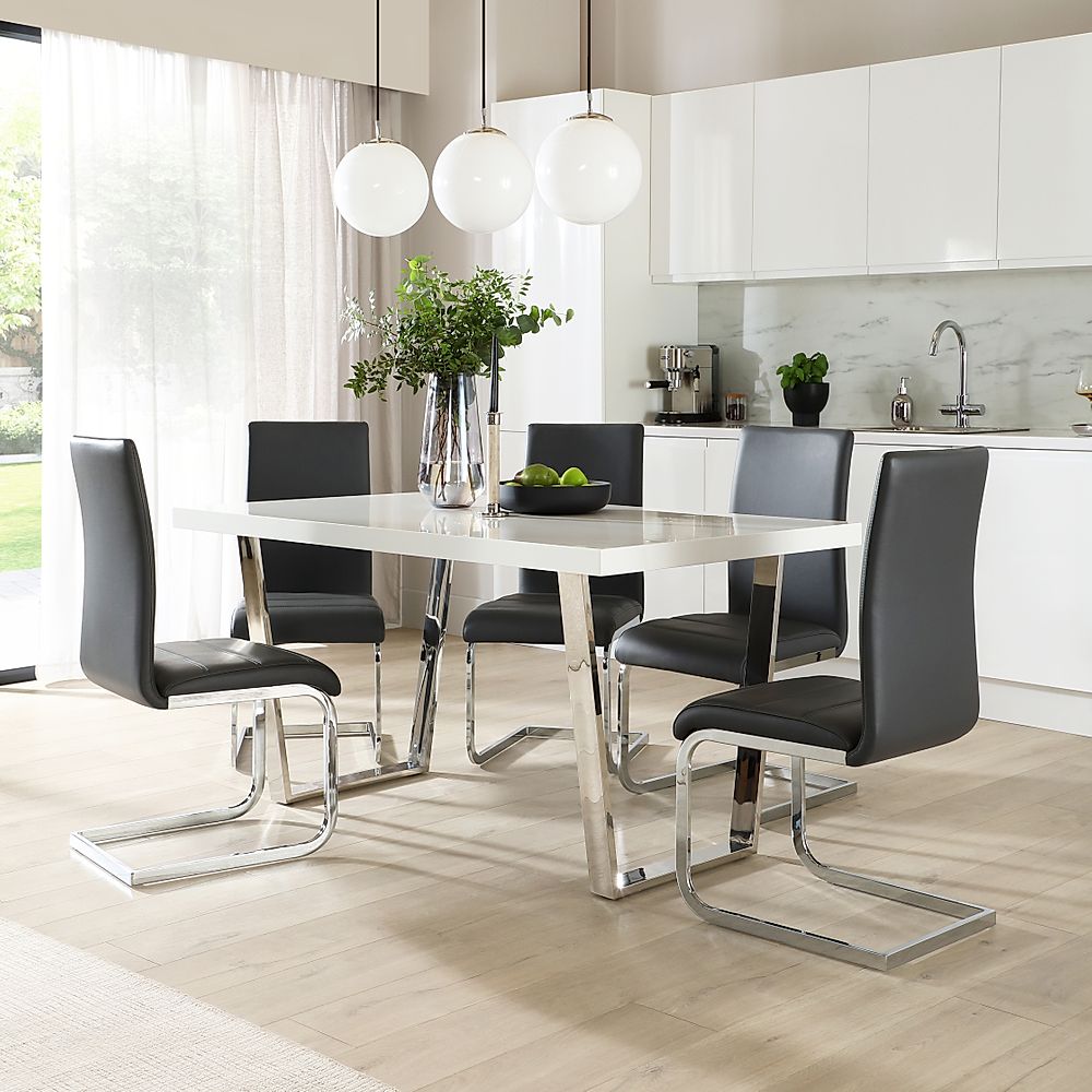 Milento Dining Table & 6 Perth Chairs, White High Gloss & Chrome, Grey Classic Faux Leather, 150cm
