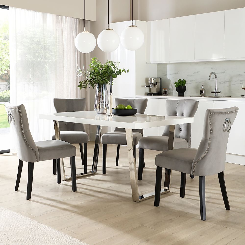 Milento Dining Table & 6 Kensington Chairs, White High Gloss & Chrome, Grey Classic Velvet & Black Solid Hardwood, 150cm