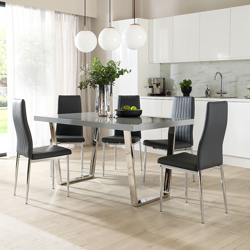Milento Dining Table & 6 Leon Chairs, Grey High Gloss & Chrome, Grey Classic Faux Leather, 150cm