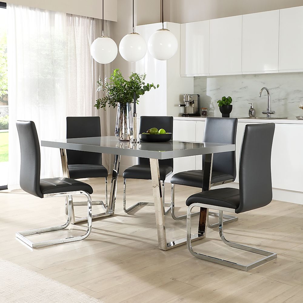 Milento Dining Table & 6 Perth Chairs, Grey High Gloss & Chrome, Grey Classic Faux Leather, 150cm
