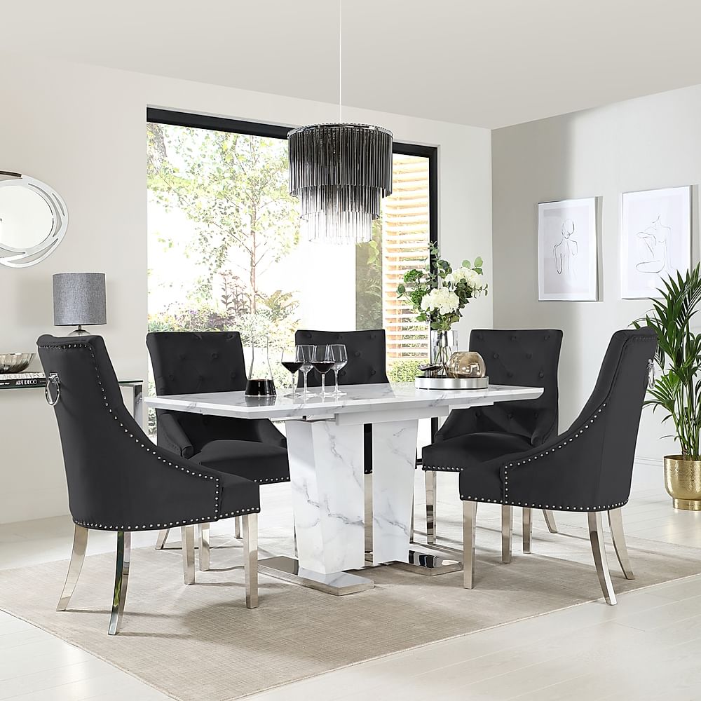 Vienna Extending Dining Table & 4 Imperial Chairs, White Marble Effect, Black Classic Velvet & Chrome, 120-160cm