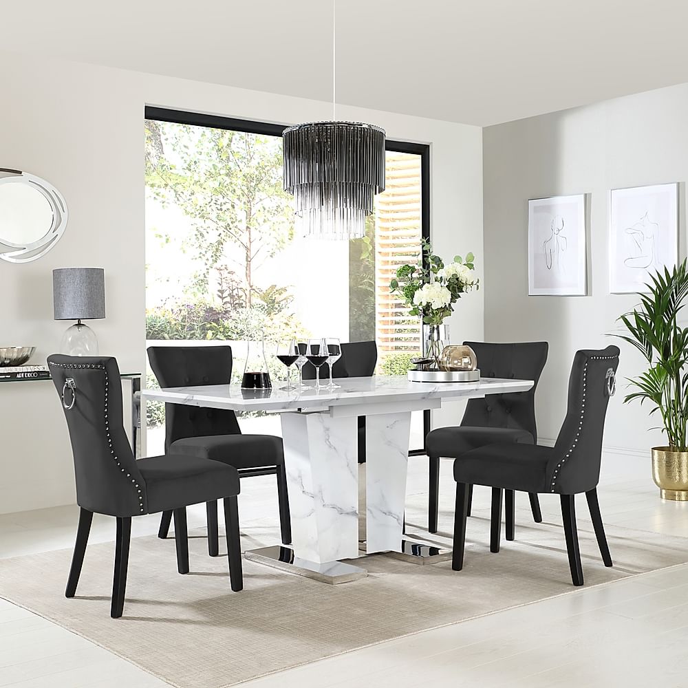 Vienna Extending Dining Table & 4 Kensington Chairs, White Marble Effect, Black Classic Velvet & Black Solid Hardwood, 120-160cm